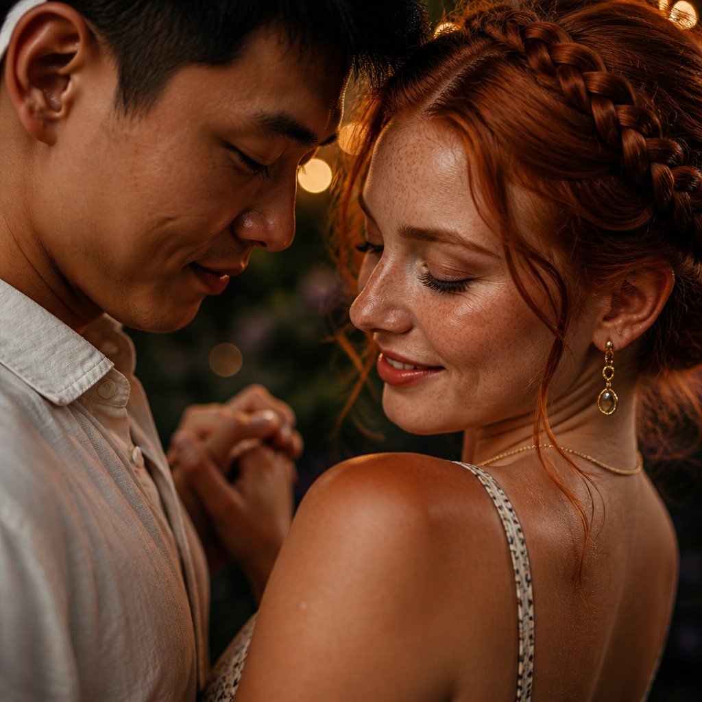 an original couple dancing under string lights in a garden at dusk: a man with short black hair in a linen shirt and a woman with braided red hair in a summer dress