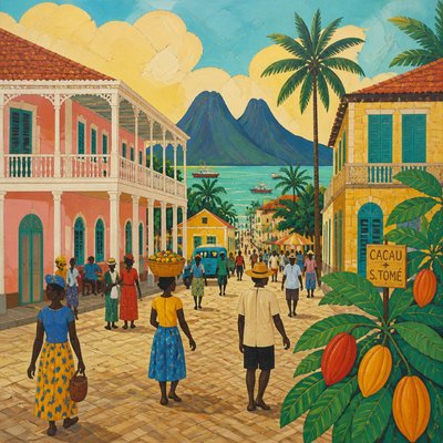 urban street with city activity — Sao Tome Art Style