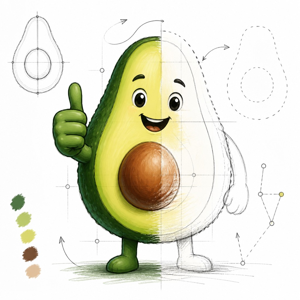 a happy avocado character giving a thumbs up, bold readable design on a plain background, no text