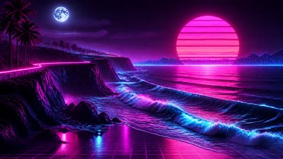 a moonlit coastline with cliffs and crashing surf, no people