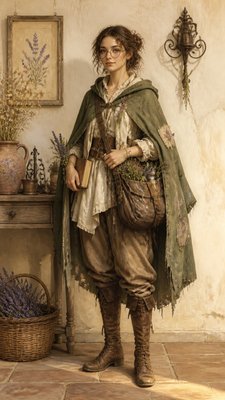 full-body original character: a wandering botanist with a satchel of plants, a patched green cloak, tall boots and round glasses, neutral background