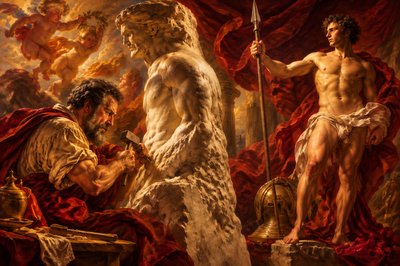 a painting of a man standing next to a man with a sword