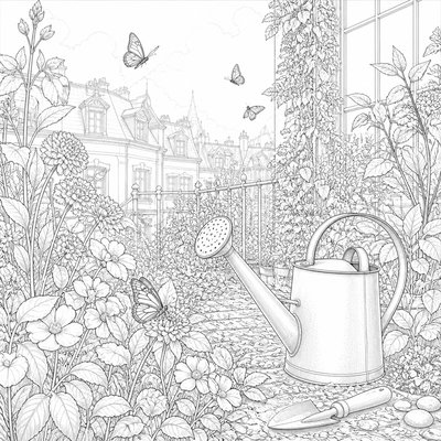 a garden scene with butterflies, flowers and a watering can, clean uncolored line art, no text