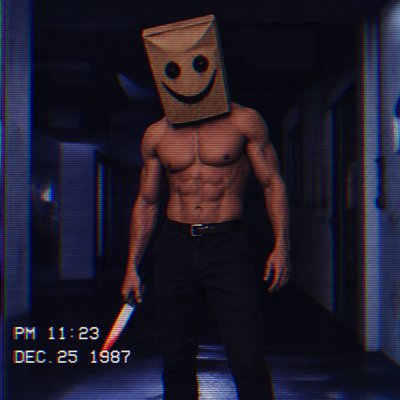 Je veux que tu me dessines un homme abdo incroyable un peu comme un slasher avec un couteau et un mask en paper bag avec un sourire creepy il a un pantalon normal Je veux aucun texte , et des couleurs, hyper froides, aucune couleur chaude à part le rouge vif peut-être du blanc et du noir c’est tout
 Et bien évidemment, je veux que la peau soit aussi avec des couleurs chaudes, genre une peau beige je veux pas que le masque soit disproportionné, je veux un masque quand même assez grand et un masque beige marron du supermarché