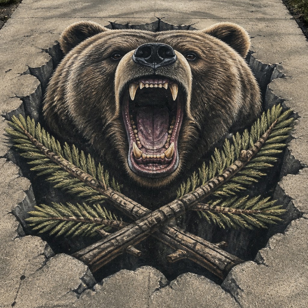 a roaring bear head above crossed pine branches, bold graphic composition on a plain background, no text