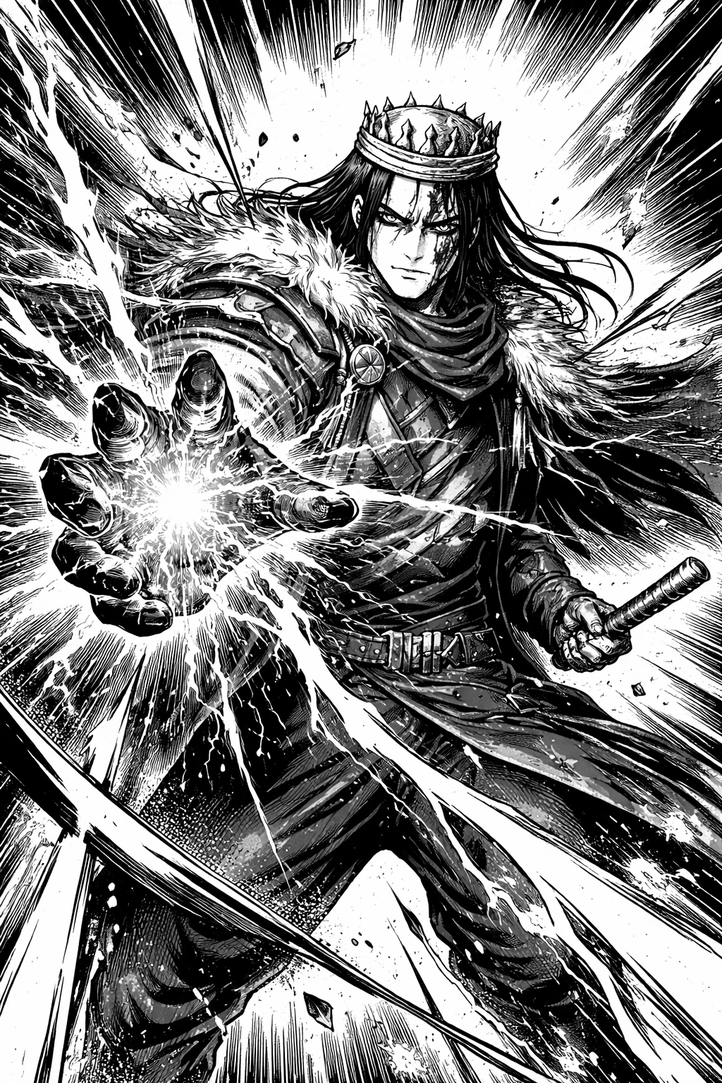 a black and white drawing of a man holding a sword