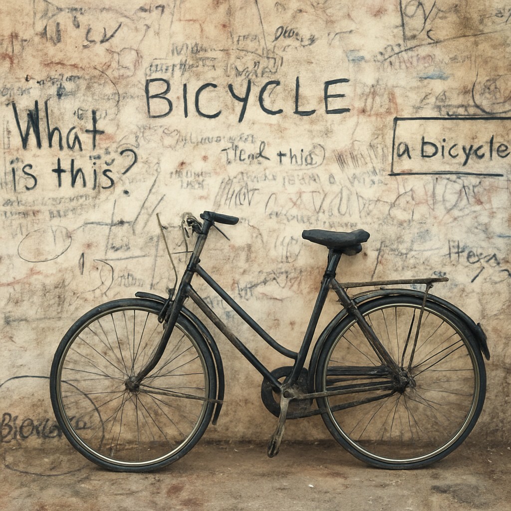 bicyle resting against a wall