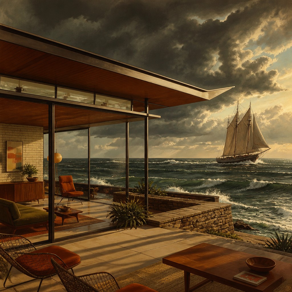 sailing ship on a stormy sea — Mid-Century Modern Architecture