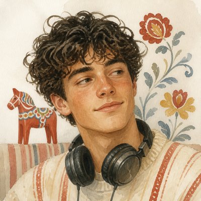 head-and-shoulders portrait of an original character: a young man with curly dark hair and headphones around his neck, plain backdrop, no text