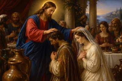 Jesus personally blesses the groom and bride at the wedding feast at Cana