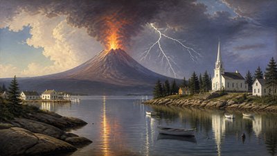 an erupting volcano with lightning strikes, dramatic wide composition, no text