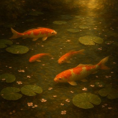 A koi pond seen from above, orange and white koi fish swimming among lily pads, clear water with subtle ripples, fallen cherry blossom petals floating on the surface, dappled sunlight