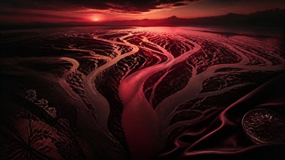 a wide river delta seen from above at sunset, no people