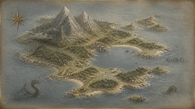 a map of an island realm with mountains, forests, a sheltered bay, sea monsters in the water and a compass rose, no text labels