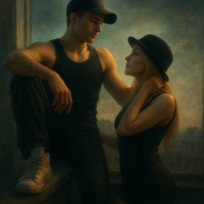 a painting of a man and a woman sitting on a ledge