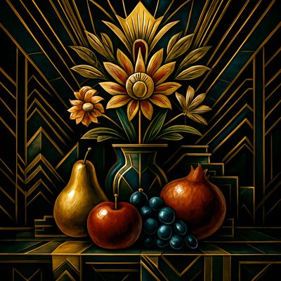 still life arrangement of fruits and flowers
