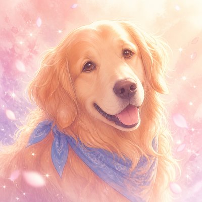 portrait of a golden retriever wearing a blue bandana, warm plain backdrop, no text