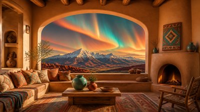 a flowing aurora over snowy peaks, wide sweeping composition, no people, no text