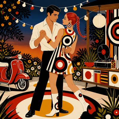 an original couple dancing under string lights in a garden at dusk: a man with short black hair in a linen shirt and a woman with braided red hair in a summer dress