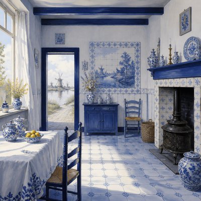 wide landscape with natural scenery — Delft Blue Art Style
