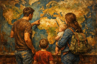 A young couple with two children stand in front of a wall-sized world map, facing the map.  The young father is interested in Africa.  The young mother is wearing a backpack and one of the children is a baby that she's carrying in her arms.
