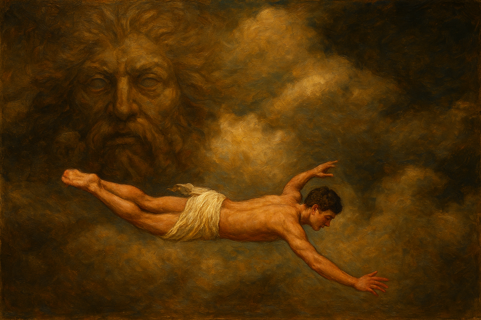 a painting of a man floating in the air