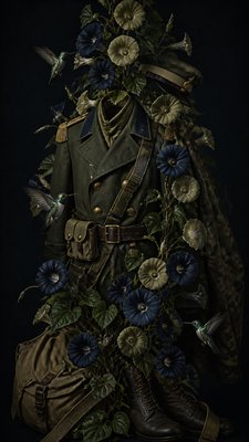 a climbing vine of flowers and hummingbirds on a dark background, tall wrapping composition, no text