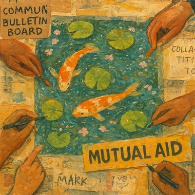 A koi pond seen from above, orange and white koi fish swimming among lily pads, clear water with subtle ripples, fallen cherry blossom petals floating on the surface, dappled sunlight