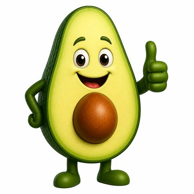a happy avocado character giving a thumbs up, bold readable design on a plain background, no text