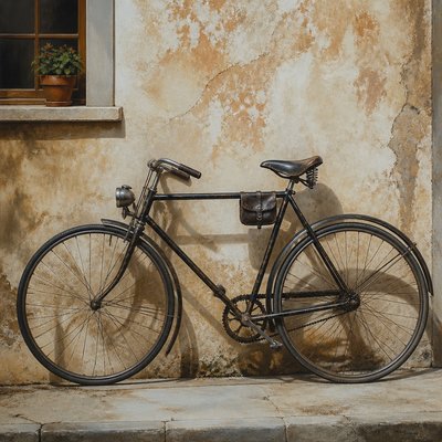 bicyle resting against a wall
