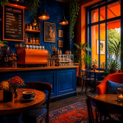 cozy cafe interior with warm lighting
