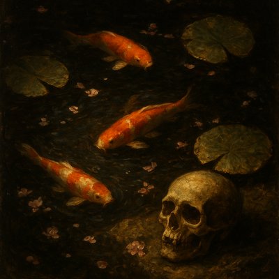 A koi pond seen from above, orange and white koi fish swimming among lily pads, clear water with subtle ripples, fallen cherry blossom petals floating on the surface, dappled sunlight