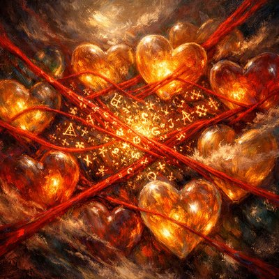 A highly detailed, macro-lens conceptual photograph. Many diverse, translucent hearts, glowing with warm, amber light (comforted hearts), are positioned closely together. A beautiful, luminous crimson thread (representing love) is actively weaving and interlacing between the hearts, "knitting" them into a cohesive, sturdy fabric or tapestry. Within the fabric, tiny, glittering gold script and ancient symbols (the "treasures of wisdom") are embedded and glowing, radiating outward from the interconnected center. Warm, soft, comforting atmosphere, tangible textile textures combined with ethereal glow.