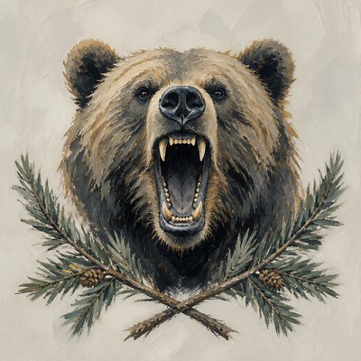 a roaring bear head above crossed pine branches, bold graphic composition on a plain background, no text