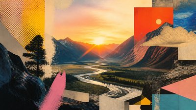 a vast valley with a river winding toward distant mountains at sunrise, no people, no text