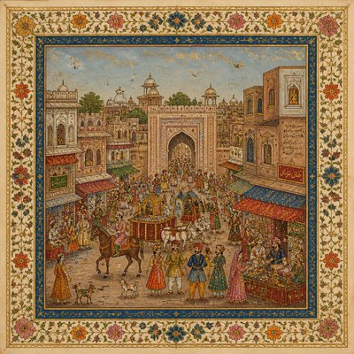 urban street with city activity — Miniature Painting Style