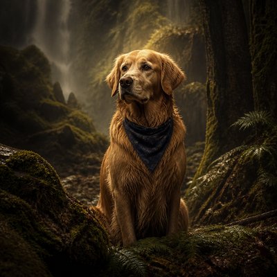 portrait of a golden retriever wearing a blue bandana, warm plain backdrop, no text