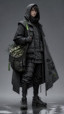 full-body original character: a wandering botanist with a satchel of plants, a patched green cloak, tall boots and round glasses, neutral background