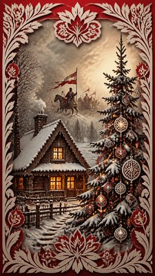a snow-covered cottage with warm glowing windows beside a decorated pine tree, gentle snowfall, no text