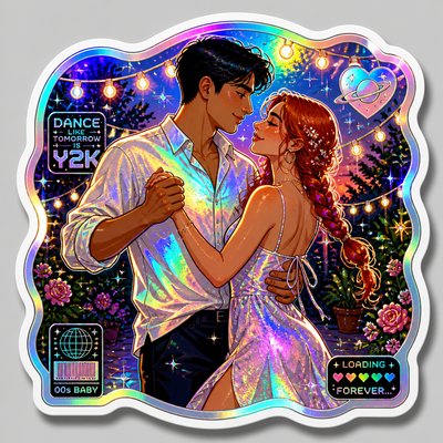 an original couple dancing under string lights in a garden at dusk: a man with short black hair in a linen shirt and a woman with braided red hair in a summer dress