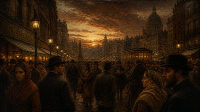bustling city street panorama at dusk