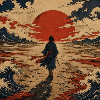 a solitary figure walking toward a glowing horizon across an empty plain, moody atmosphere, no text or lettering