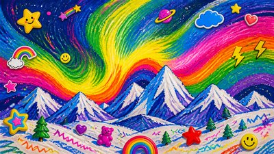 a flowing aurora over snowy peaks, wide sweeping composition, no people, no text