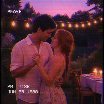 an original couple dancing under string lights in a garden at dusk: a man with short black hair in a linen shirt and a woman with braided red hair in a summer dress