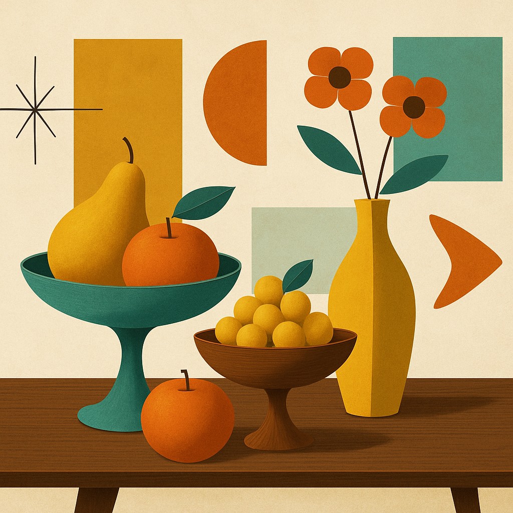 still life arrangement of fruits and flowers