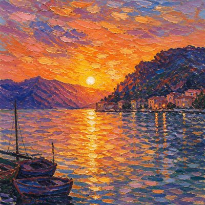 a dramatic sunset over calm water with silhouetted hills