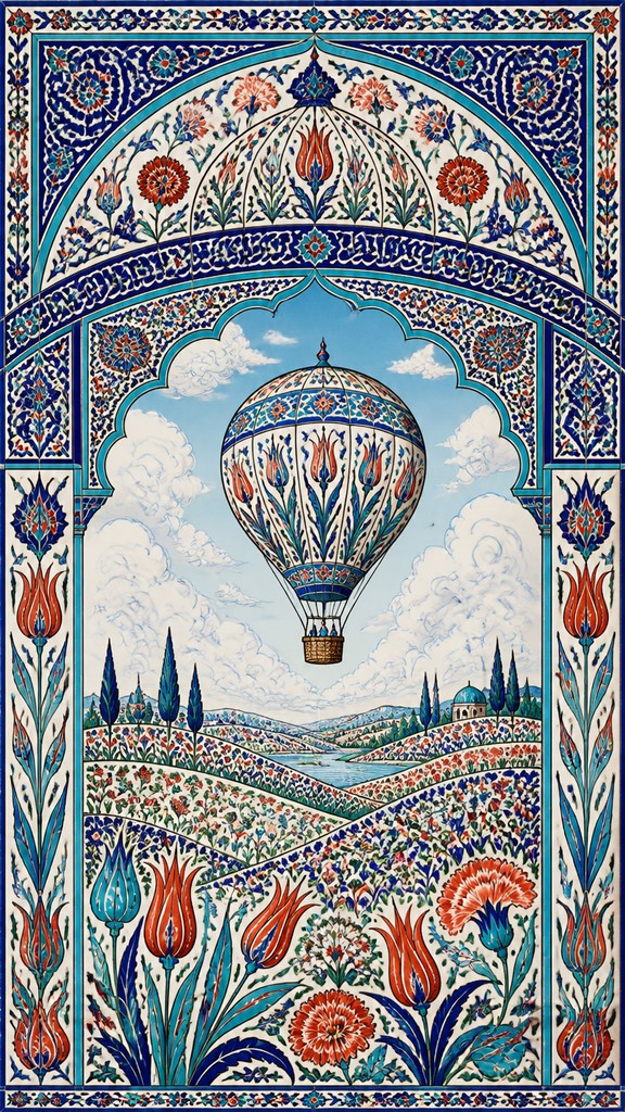 a hot air balloon drifting over rolling flower fields on a sunny day, cheerful, no text