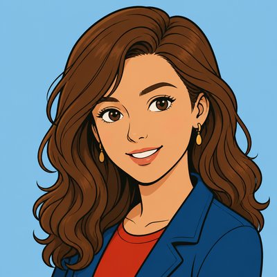 head-and-shoulders portrait of an original character: a young woman with wavy chestnut hair and a warm smile, plain soft backdrop