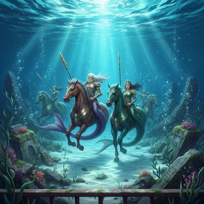Golden Age Fantasy Illustration Style, Painterly Realism, Crystalline Underwater Photography Aesthetic. A stunning view looking straight down through impossibly clear, glassy ocean water, as if peering over the edge of a ship. Below, on the white sand seabed, are the seaweed-covered ruins of a sunken, ancient civilization.

The Merpeople: A royal hunting party of Narnian Mermen and Mermaids are riding through the submerged streets. They are not gentle, fairy-tale creatures, but possess a wild, fierce majesty. They ride side saddle tails aside their large, powerful, scaled hippocamps (mythical sea-horses). 

Key Figures & Details: The Mer-King, with flowing white hair and a stern expression, wears armor crafted from iridescent pearl and abalone shells, brandishing a long spear tipped with gold. His powerful tail is deep amethyst. A fierce Mer-Queen rides beside him, her colors shimmering emerald and gold. Smaller merfolk follow, shaking spears.

Lighting & Atmosphere: Bright shafts of sunlight pierce the deep water, illuminating the underwater dust motes and making the scales of the merfolk and their mounts sparkle intensely. The mood is silent, ancient, and awe-inspiring.