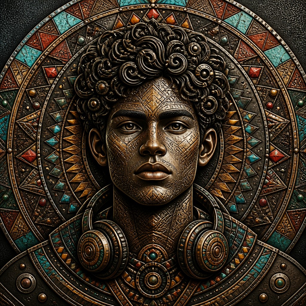 head-and-shoulders portrait of an original character: a young man with curly dark hair and headphones around his neck, plain backdrop, no text